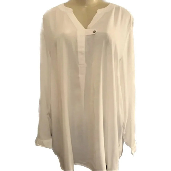 Woman Within Plus 1X-18/20 White Semi-Sheer V- Tab Neckline Long Sleeve Blouse - Picture 2 of 6